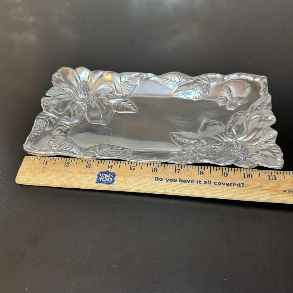Arthur Court Magnolia Bird Butterfly Tray 9.5x5.5 Silver Aluminum Floral 2000